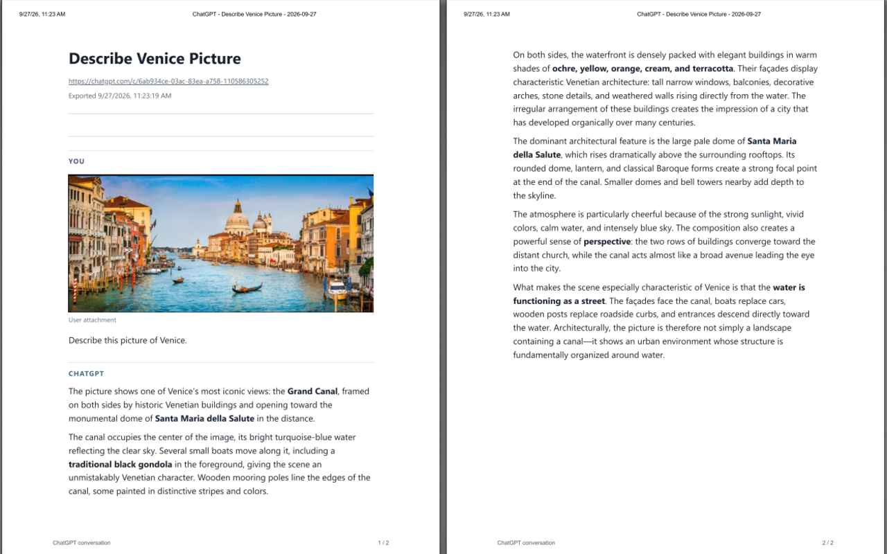 Scriptilux PDF output of a Venice conversation, keeping an uploaded canal photograph with the question and the formatted answer.