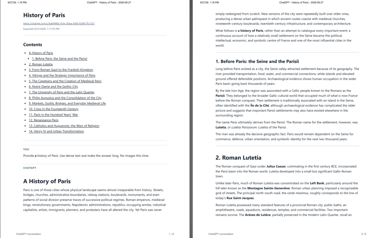 A long ChatGPT conversation about the history of Paris exported as a PDF with section headings, source link, and a linked table of contents.