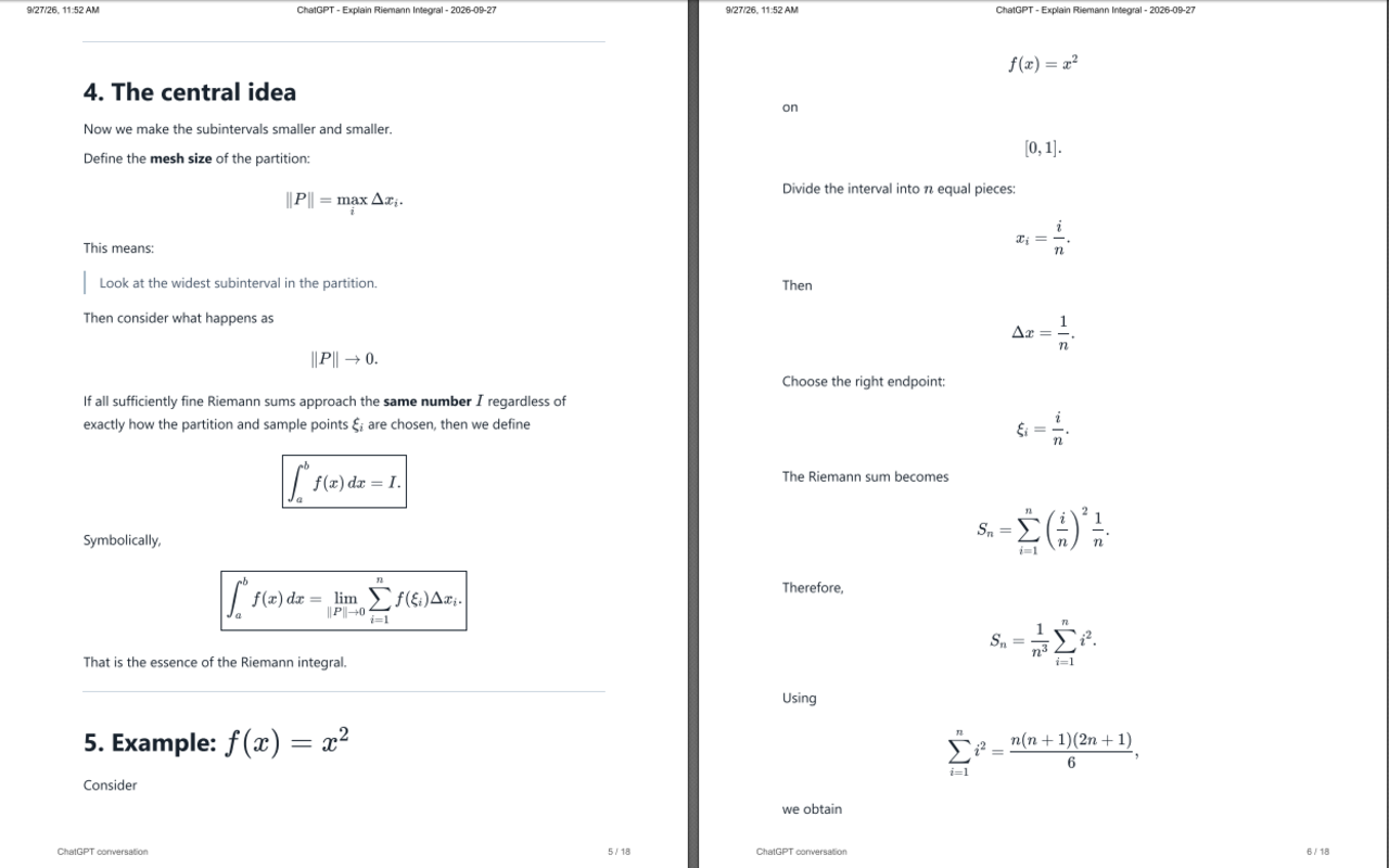 A ChatGPT explanation of Riemann integrals exported with typeset fractions, limits, summation notation, and displayed equations.
