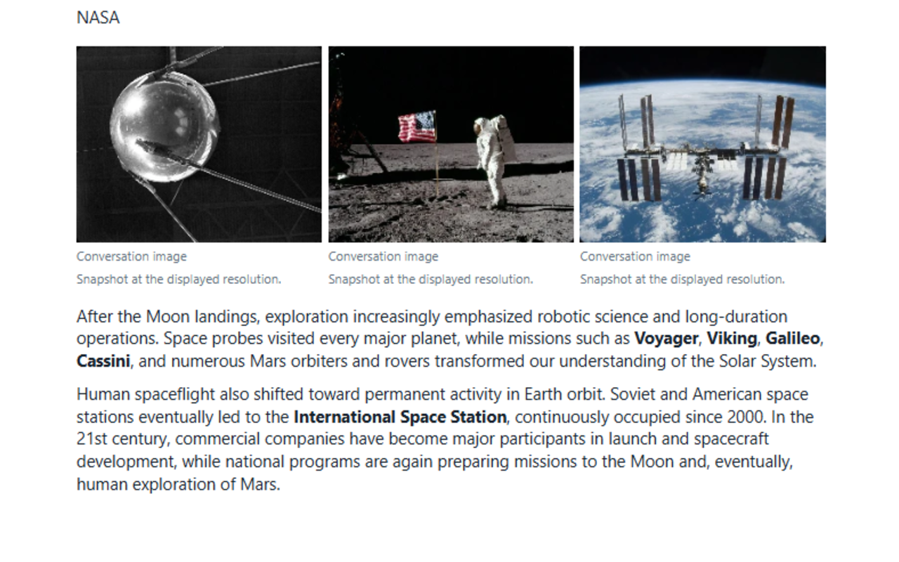 A space exploration PDF with a side-by-side row of Sputnik, an Apollo astronaut, and the International Space Station above the conversation text.