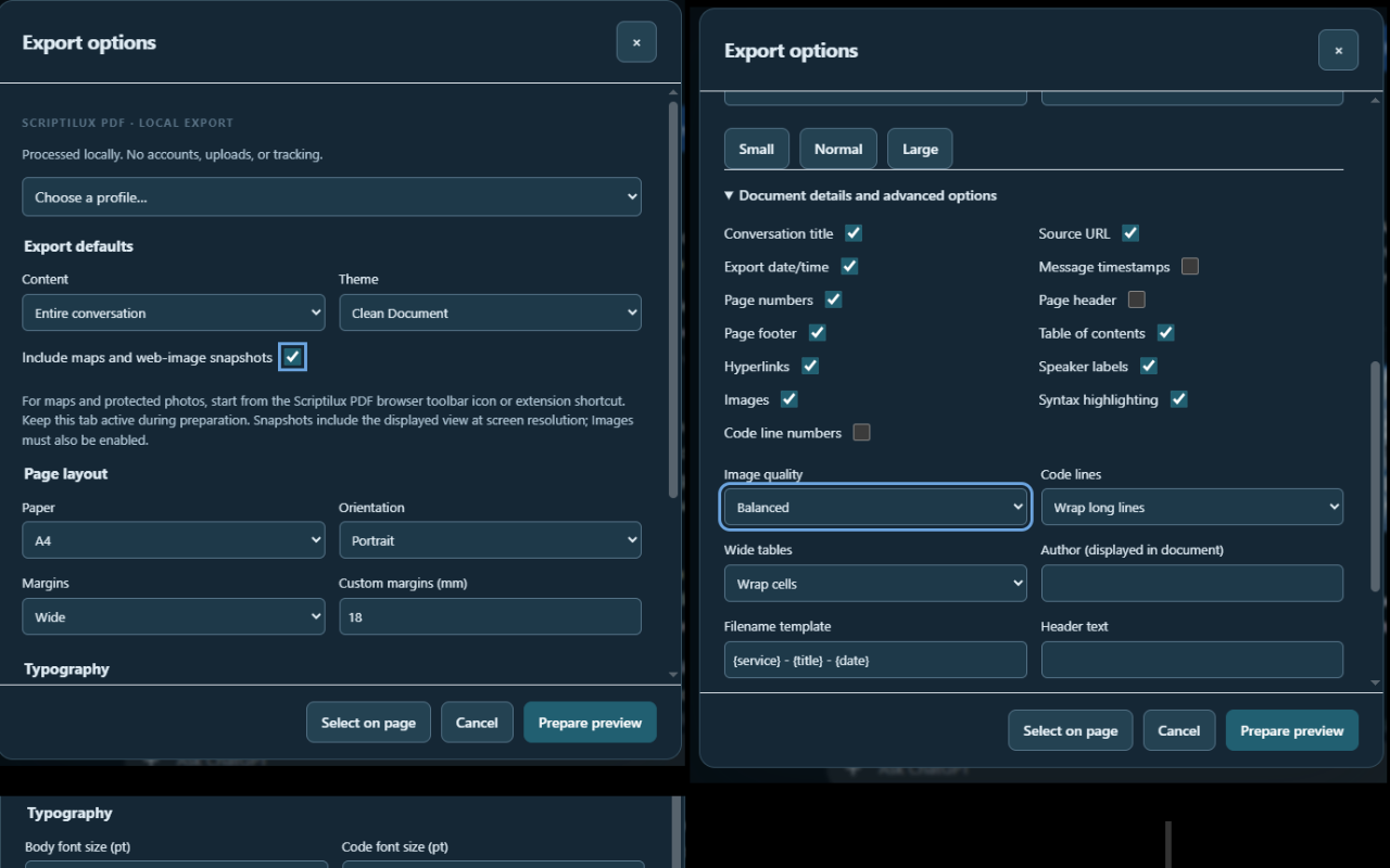 Scriptilux PDF export options for conversation content, theme, page layout, typography, document details, and image quality.